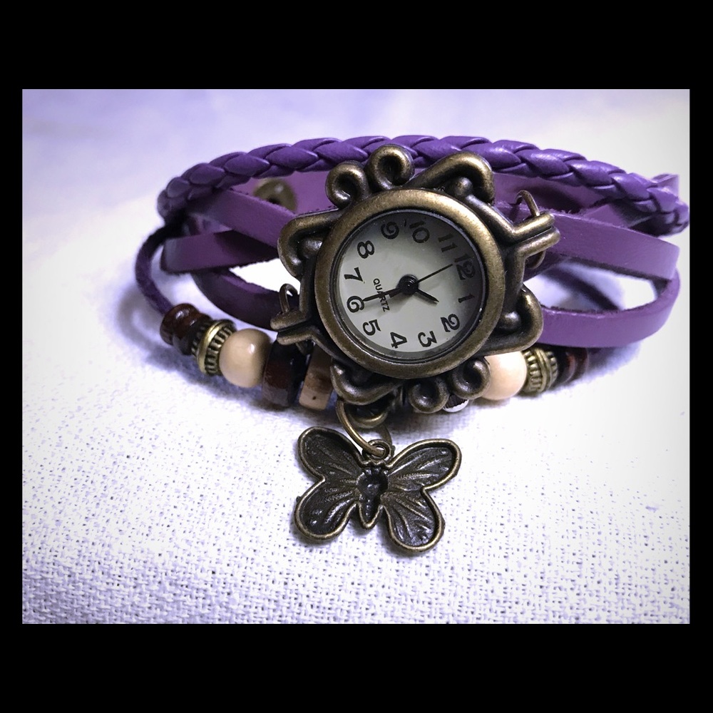 Antique bronze butterfly charm watch Purple